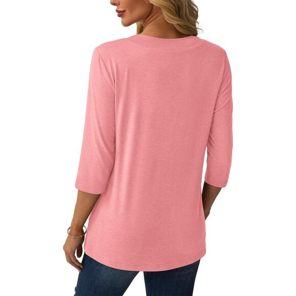 Women's Rayon Polyester Spandex V-Neck 3/4 Sleeve Casual Loose Fit Top - Picture 3 of 4